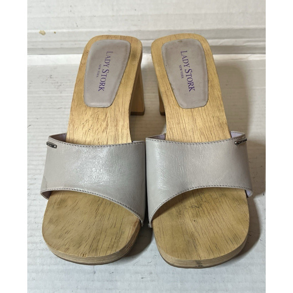 Lady Stork Shoes Wooden Slip on Sandals Size 39 US 8.5 Gray - Picture 3 of 10